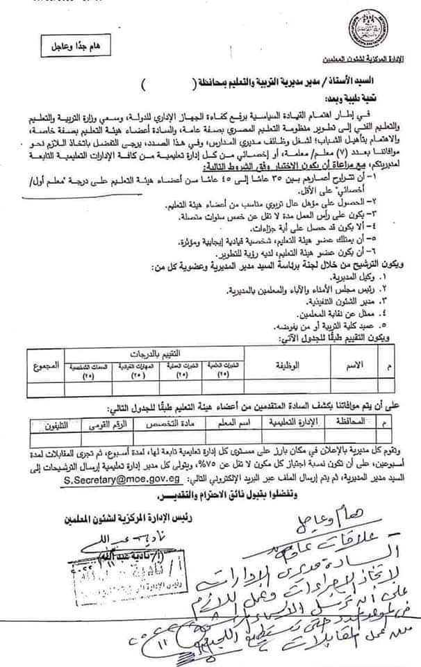 التعليم تطالب المديريات بترشيح 7 معلمين شباب لشغل وظائف مديري المدارس - اخبار التعليم