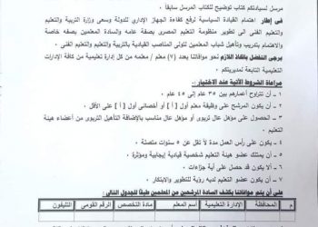 التعديل الرسمي لشروط ترشيح 7 مرشحين من كل ادارة تعليمية لشغل وظيفة مدير مدرسة - شروط ترشيح ٧ معلمين للمدراء