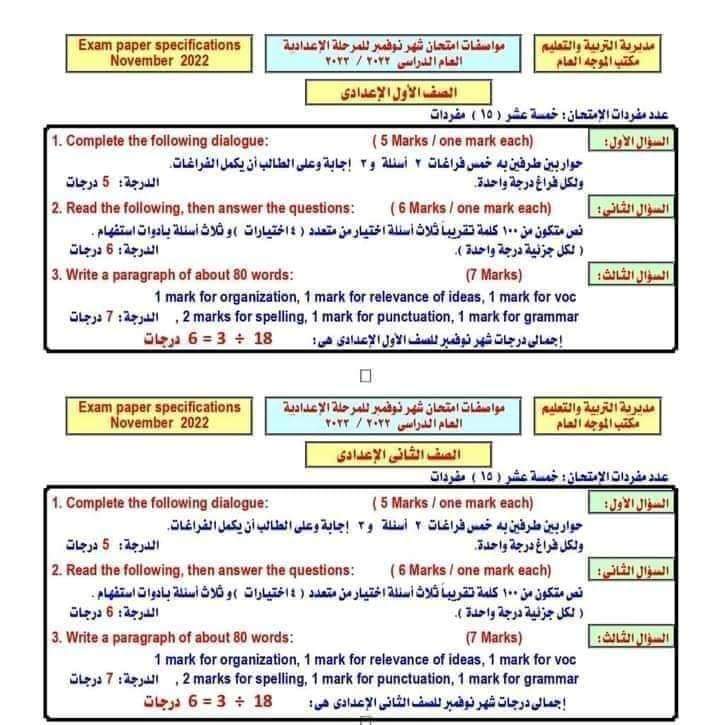 مواصفات إمتحان اللغة الانجليزية لشهر نوفمبر ٢٠٢٢ - اخبار التعليم