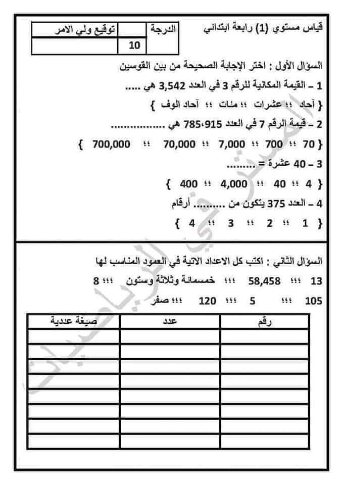 قياس نواتج التعلم رياضيات رابعة ابتدائي الترم الاول 2023 - قياس مستوى رياضيات رابعة