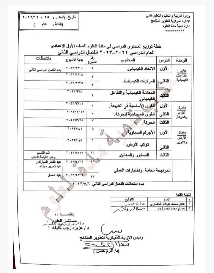 خطة توزيع منهج العلوم المرحلة الاعدادية الترم الثاني 2023 – منصة كتاتيب مصر