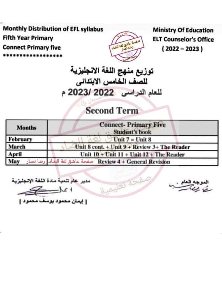 توزيع مقرر اللغة الانجليزية الصف الخامس الابتدائي الترم الثانى 2023