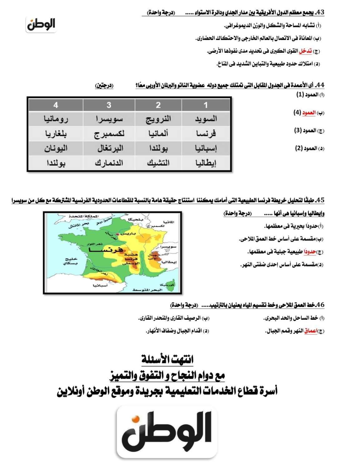 نموذج امتحان متوقع بالإجابات لن يخرج عنه الامتحان من جريدة الوطن لطلاب الثانوية العامة 2023