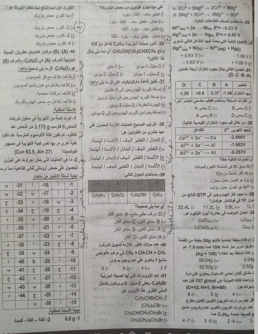 مراجعة ليلة الامتحان كيمياء ثانوية عامة من جريدة الجمهورية 4 نماذج محلولة