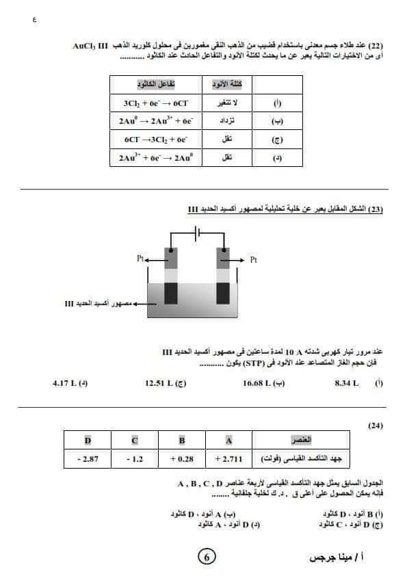 نموذج امتحان كيمياء متوقع للصف الثالث الثانوي 2023  م/  مينا جرجس