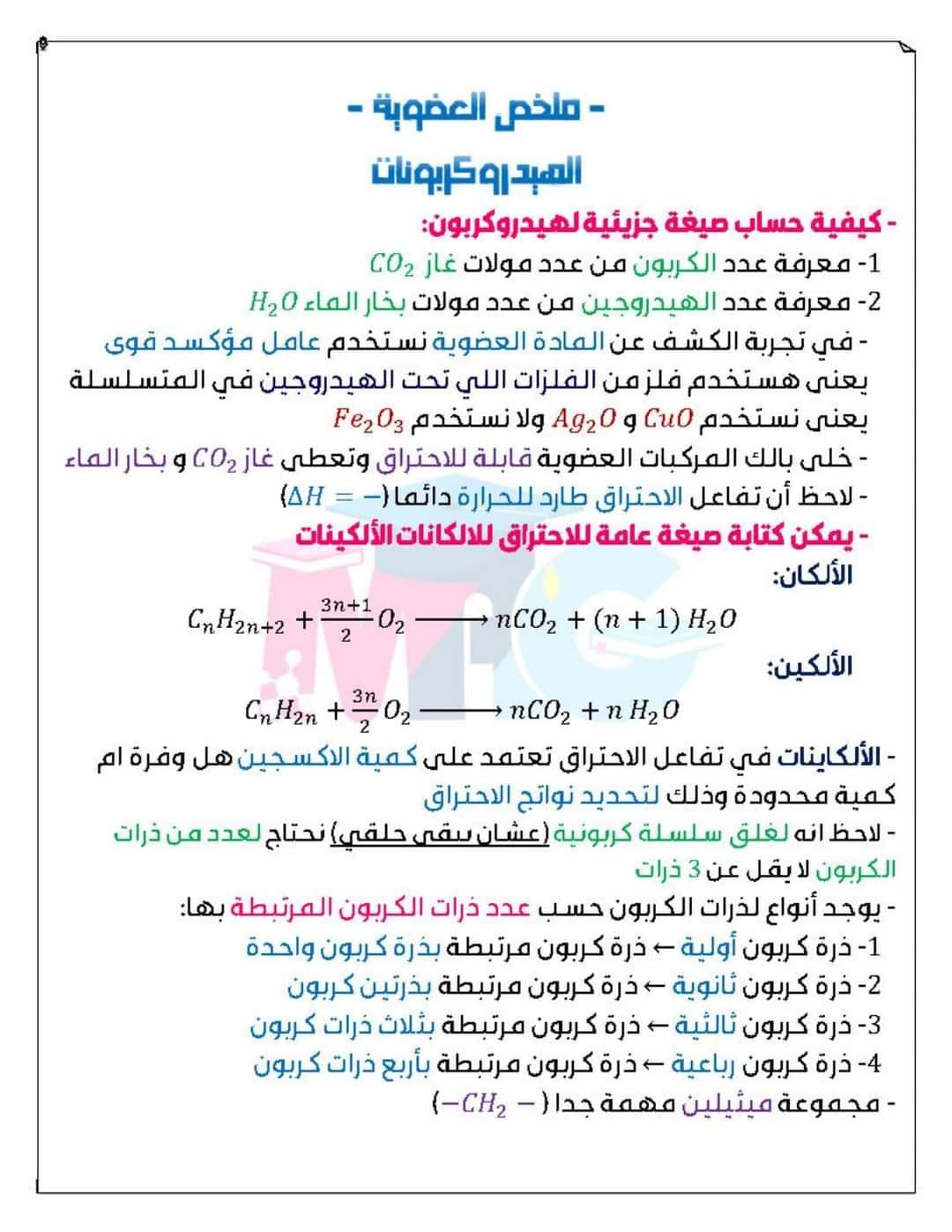 اقوى ملخص في الكيمياء العضوية للصف الثالث الثانوي