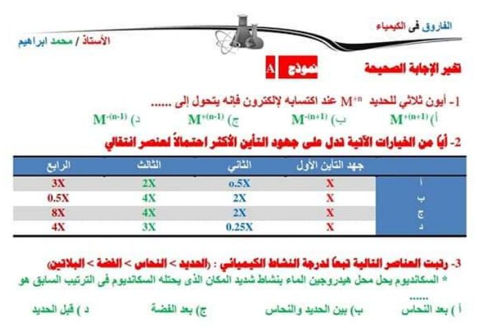 نماذج امتحانات كيمياء للثانوية العامة 2023 نظام حديث