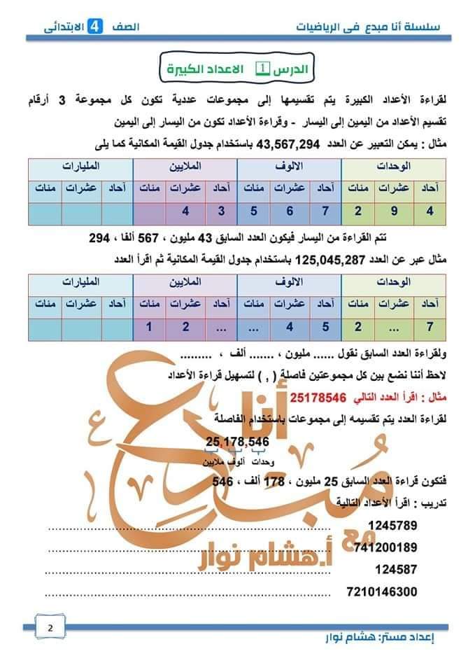 تحميل مذكرة الرياضيات للصف الرابع الترم الاول