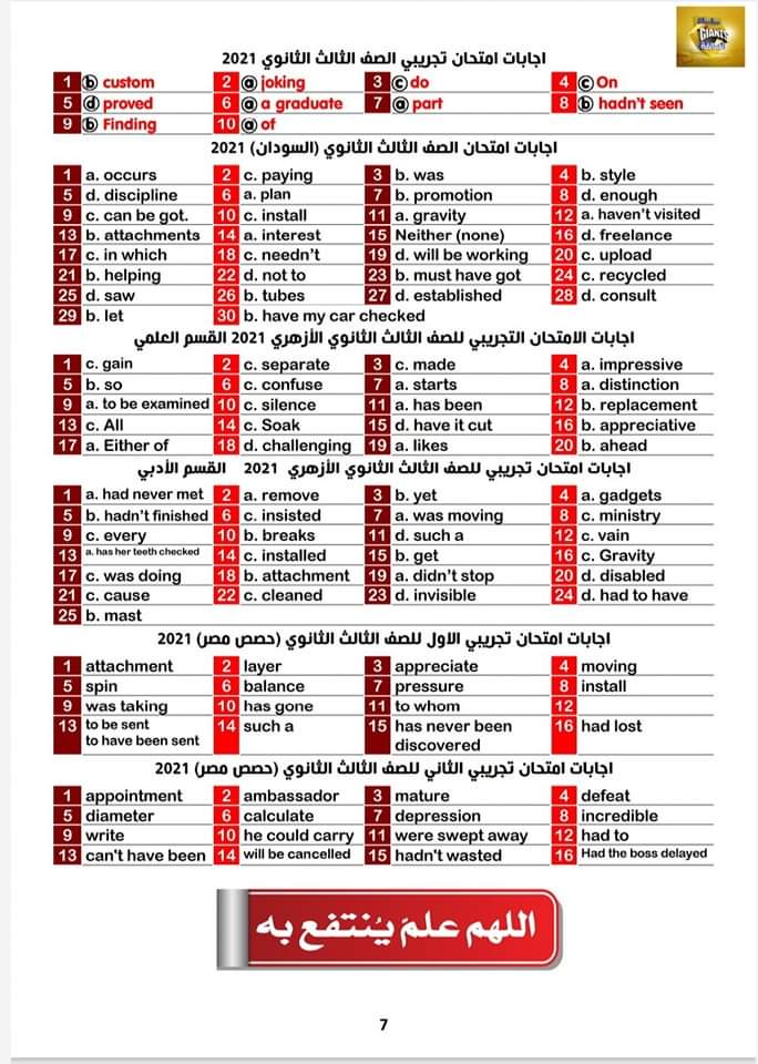 تجميع كل اسئلة الاختياري في اللغة الانجليزية من الامتحانات السابقة للصف الثالث الثانوي بالاجابات