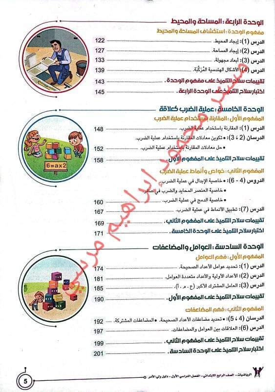فهرس مادة الرياضيات للصف الرابع الابتدائي الترم الاول للعام الدراسي 2023/2024