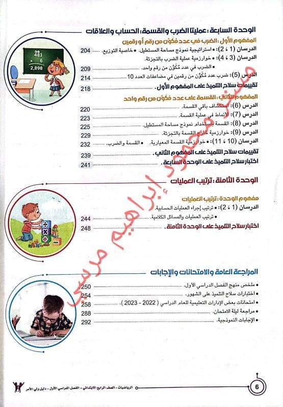 فهرس مادة الرياضيات للصف الرابع الابتدائي الترم الاول للعام الدراسي 2023/2024