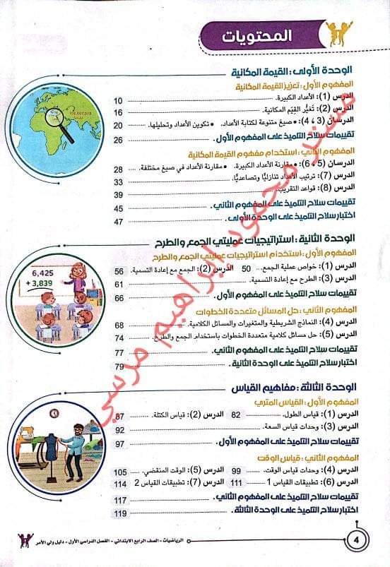 فهرس مادة الرياضيات للصف الرابع الابتدائي الترم الاول للعام الدراسي 2023/2024