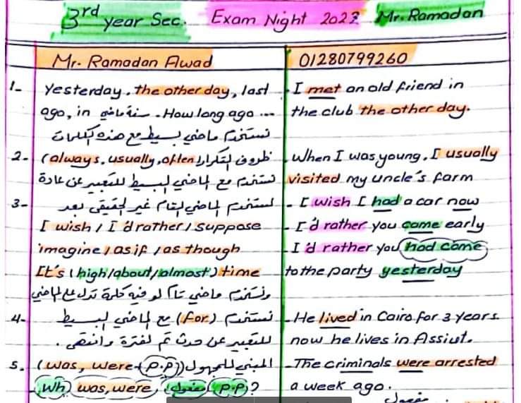 تحميل مراجعة ليلة الامتحان فى اللغة الانجليزية للصف الثالث الثانوى