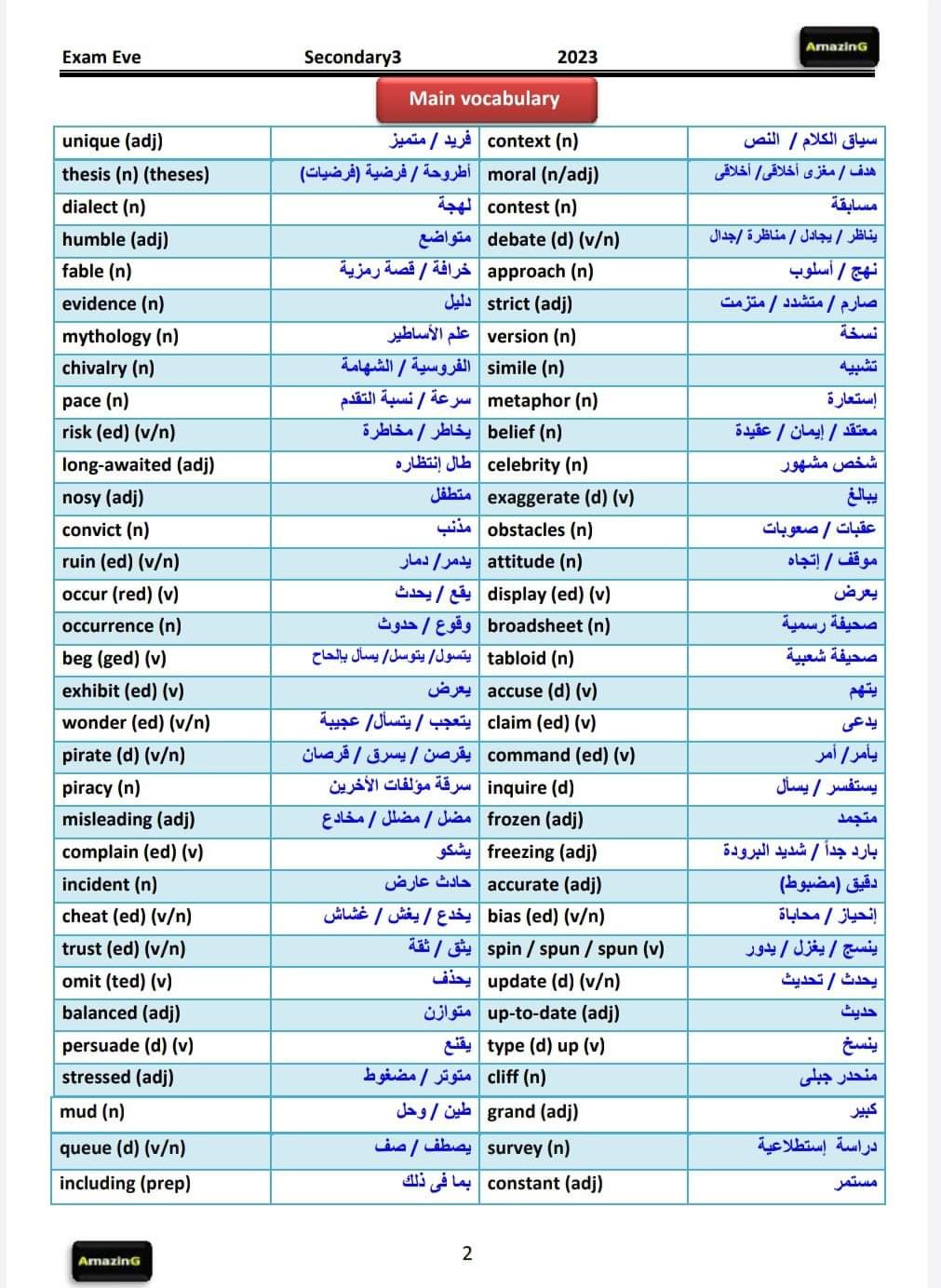 مراجعة ليلة الامتحان انجليزي تالتة ثانوي هدية من كتاب Amazing بالإجابات