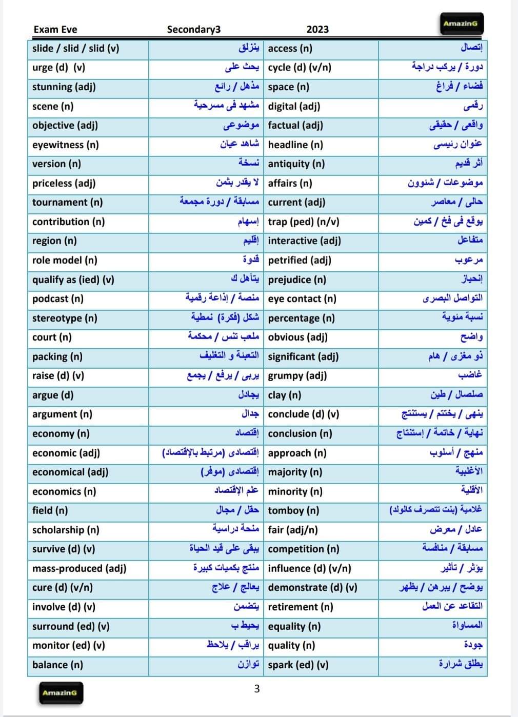مراجعة ليلة الامتحان انجليزي تالتة ثانوي هدية من كتاب Amazing بالإجابات