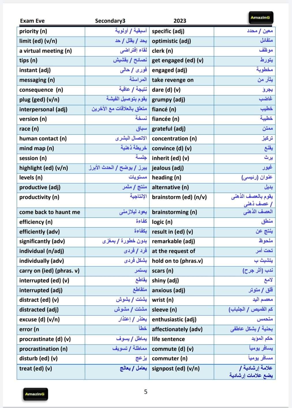 مراجعة ليلة الامتحان انجليزي تالتة ثانوي هدية من كتاب Amazing بالإجابات
