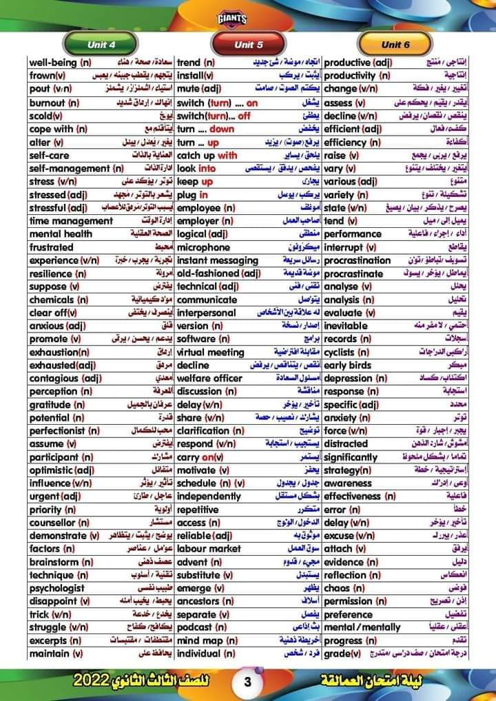 جميع كلمات منهج الصف الثالث الثانوي في اربع ورقات مقسمة الي وحدات