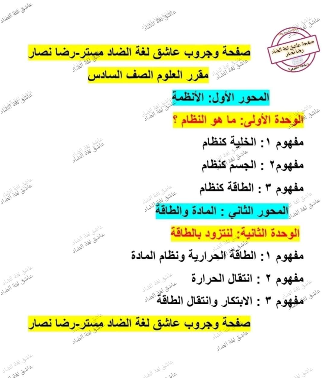 مقرر العلوم والساينس للصف السادس الابتدائي نظام جديد 2024