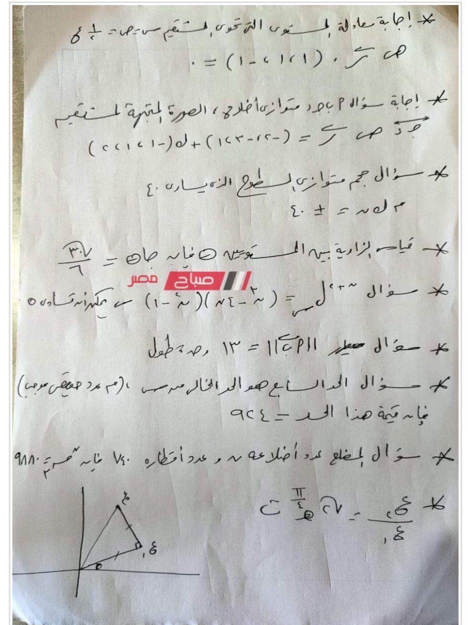 نموذج اجابة امتحان الجبر والهندسة الفراغية للصف الثالث الثانوي 2023 - تحميل امتحانات الثانوية العامة