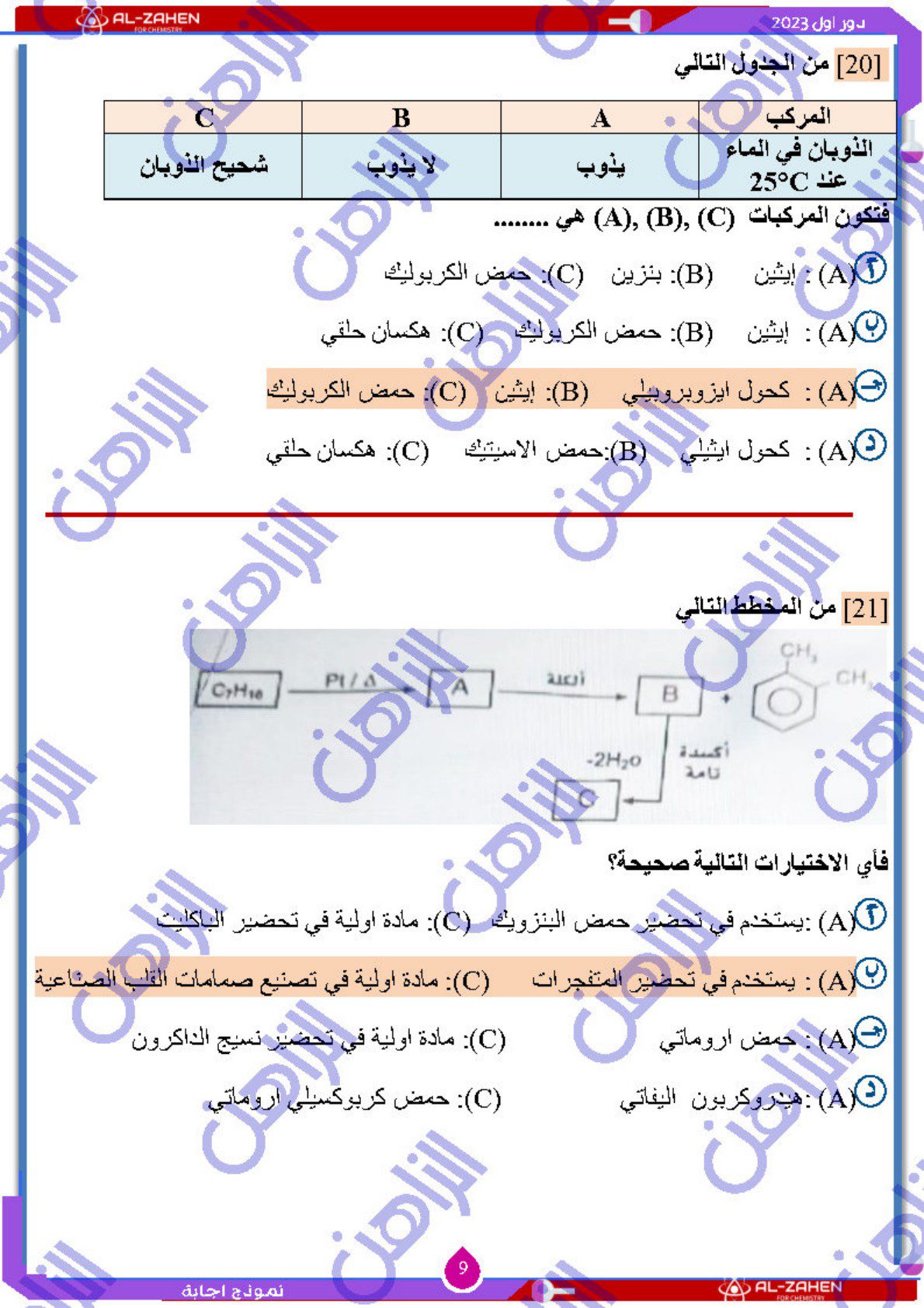 نموذج اجابة امتحان الكيمياء للصف الثالث الثانوي 2023