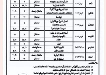 جدول امتحانات الشهادة الاعدادية الأزهرية الدور الثاني 2023