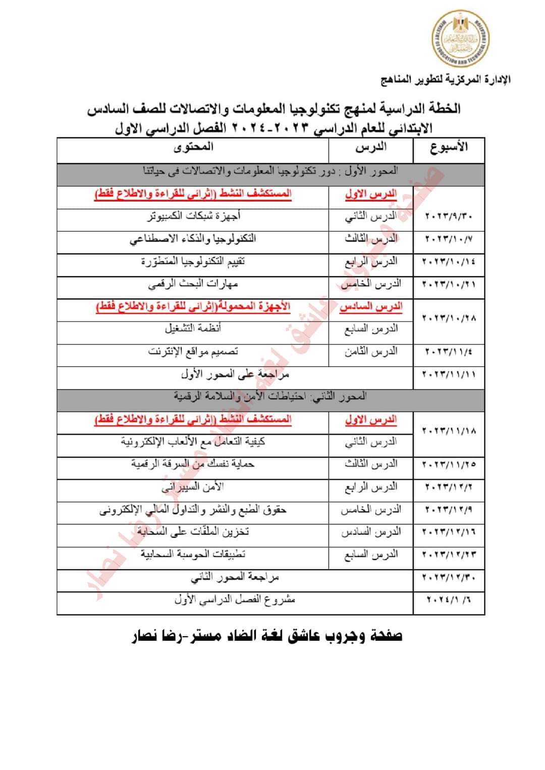 خطة توزيع تكنولوجيا المعلومات سادسة ابتدائي الترم الاول 2024