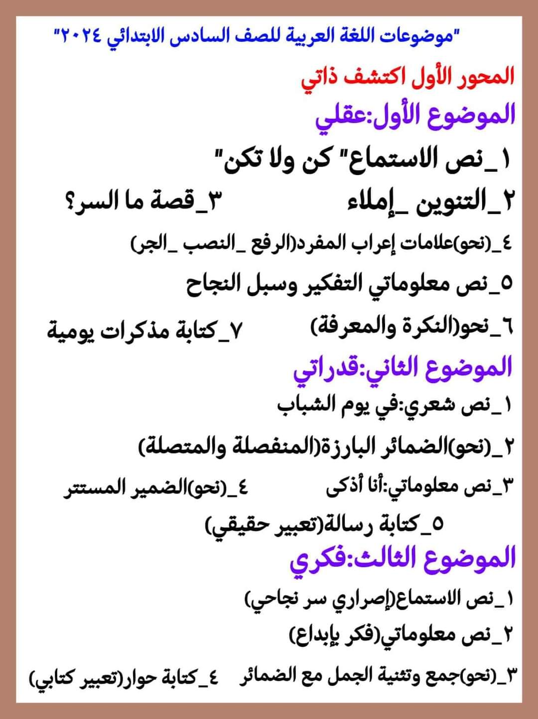 موضوعات منهج اللغة العربية للصف السادس الابتدائي نظام جديد الترم الاول 2024