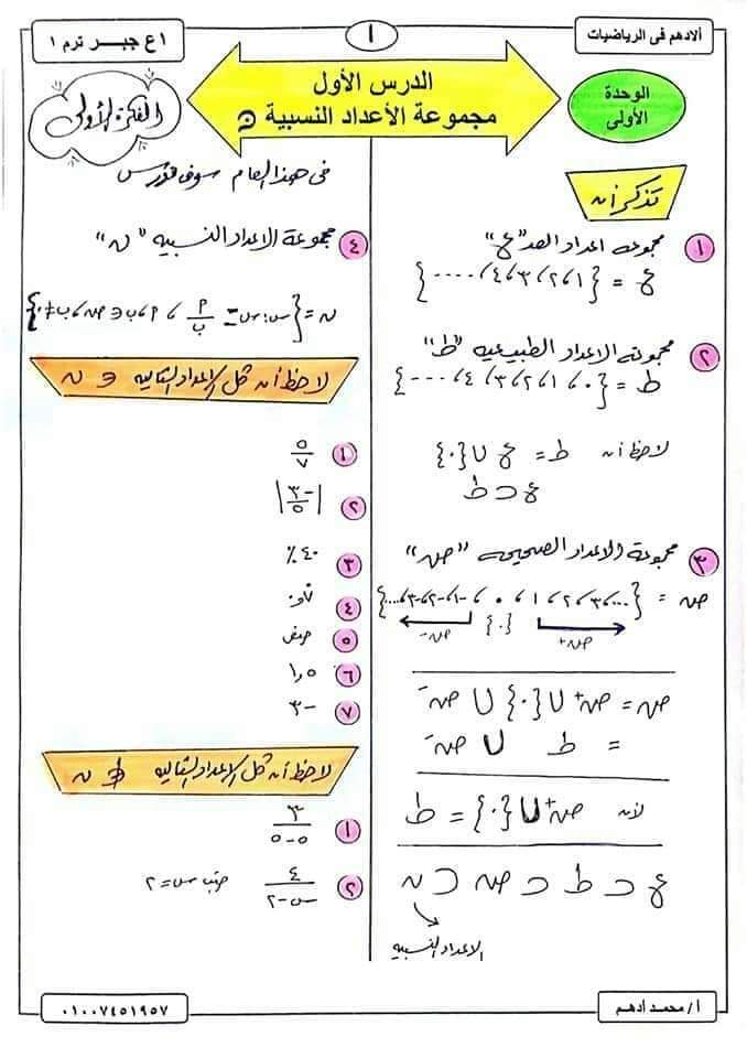 ملزمة شرح وتدريبات الرياضيات اولى اعدادي الترم الاول
