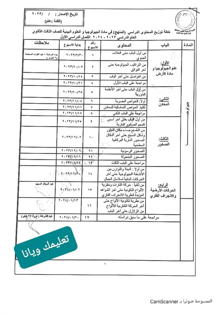 خطة توزيع منهج الجيولوجيا وعلوم البيئة لصفوف المرحلة الثانوية للعام 2023 - 2024