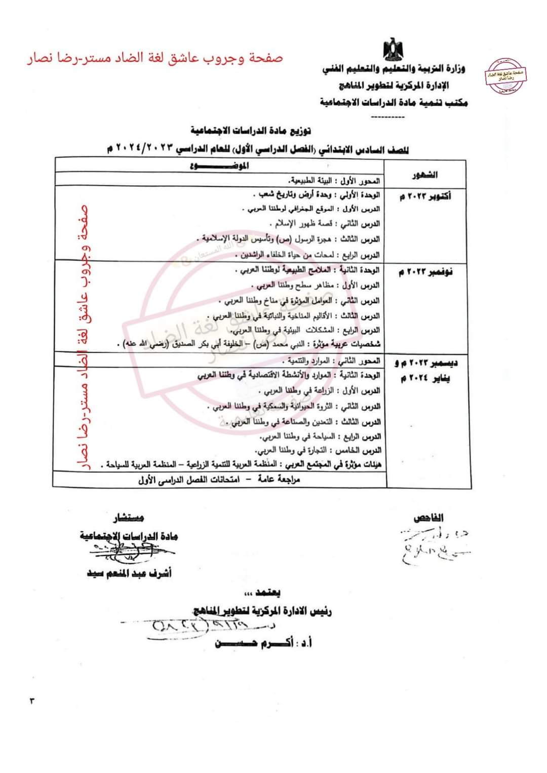 توزيع مقرر منهج الدراسات الاجتماعية للصف السادس الابتدائي نظام جديد الترم الاول