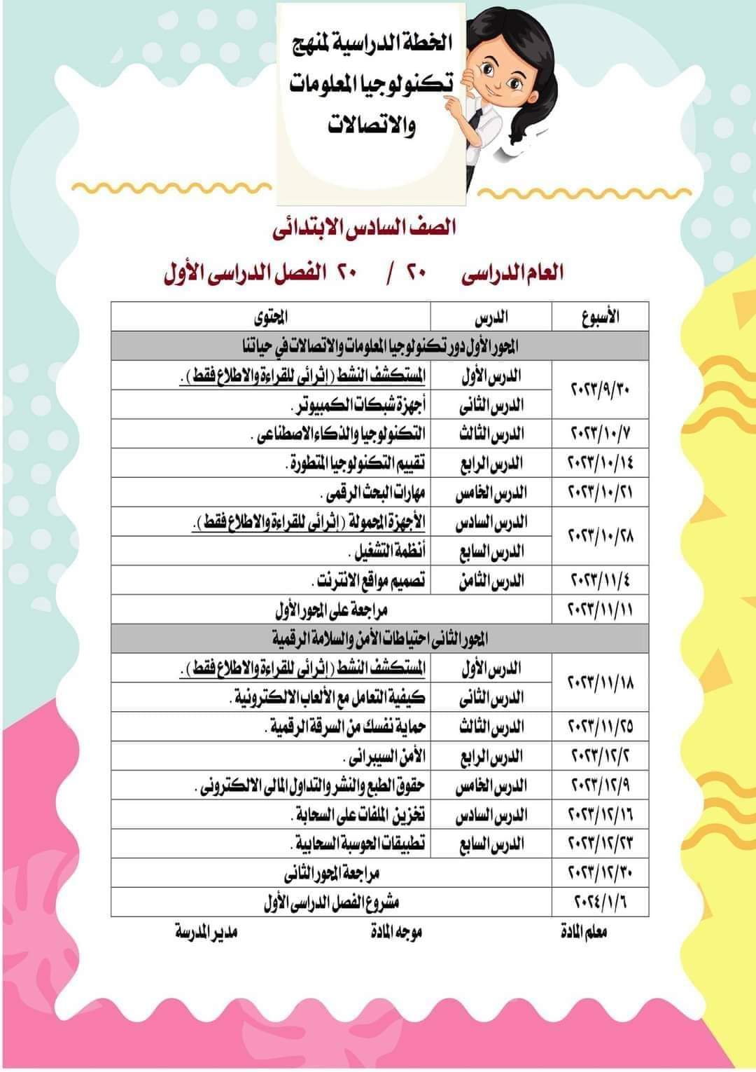 توزيع منهج تكنولوجيا المعلومات والاتصالات للصف السادس الابتدائي الترم الاول