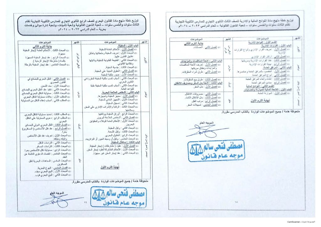 خطة توزيع المواد القانونية لصفوف التعليم التجاري نظام 3 سنوات و 5 سنوات للعام الدراسي 2023 - 2024