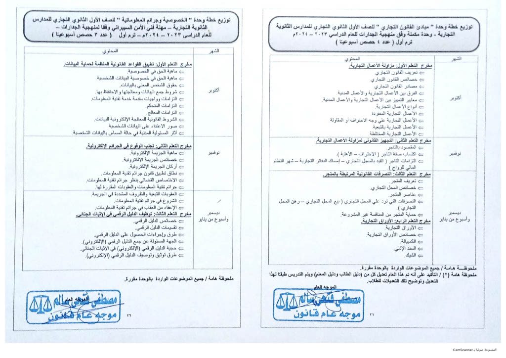 خطة توزيع المواد القانونية لصفوف التعليم التجاري نظام 3 سنوات و 5 سنوات للعام الدراسي 2023 - 2024