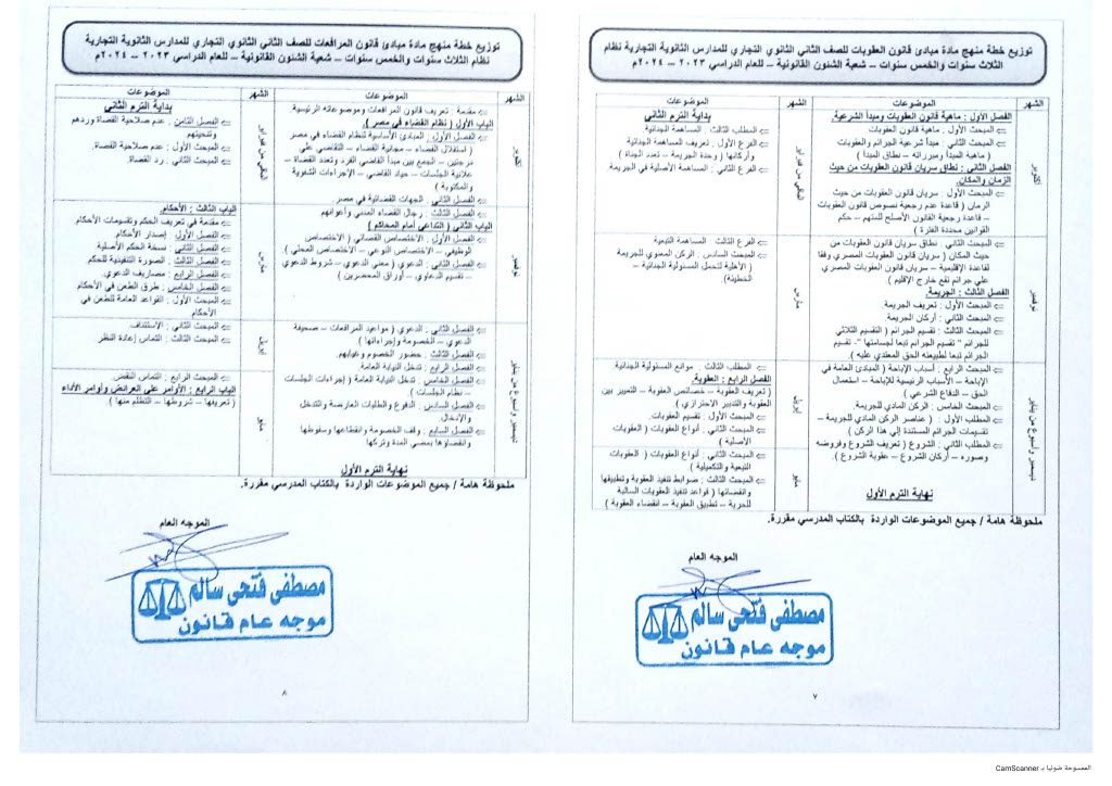 خطة توزيع المواد القانونية لصفوف التعليم التجاري نظام 3 سنوات و 5 سنوات للعام الدراسي 2023 - 2024