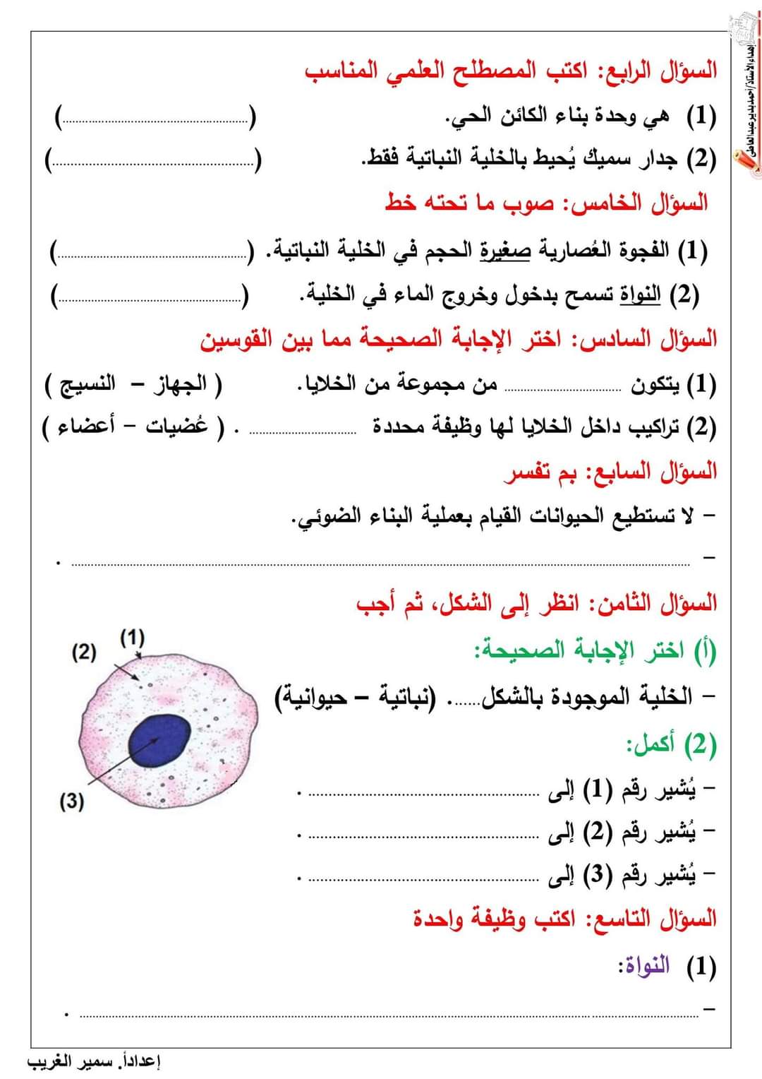 اختبارات في كل المواد للصف السادس الابتدائي الترم الاول