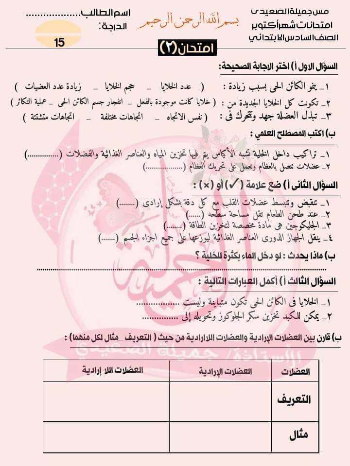 امتحانات علوم للصف السادس الابتدائي لمقرر اكتوبر حسب مواصفات الورقة الامتحانية امتحانات علوم للصف السادس الابتدائي لمقرر اكتوبر حسب مواصفات الورقة الامتحانية