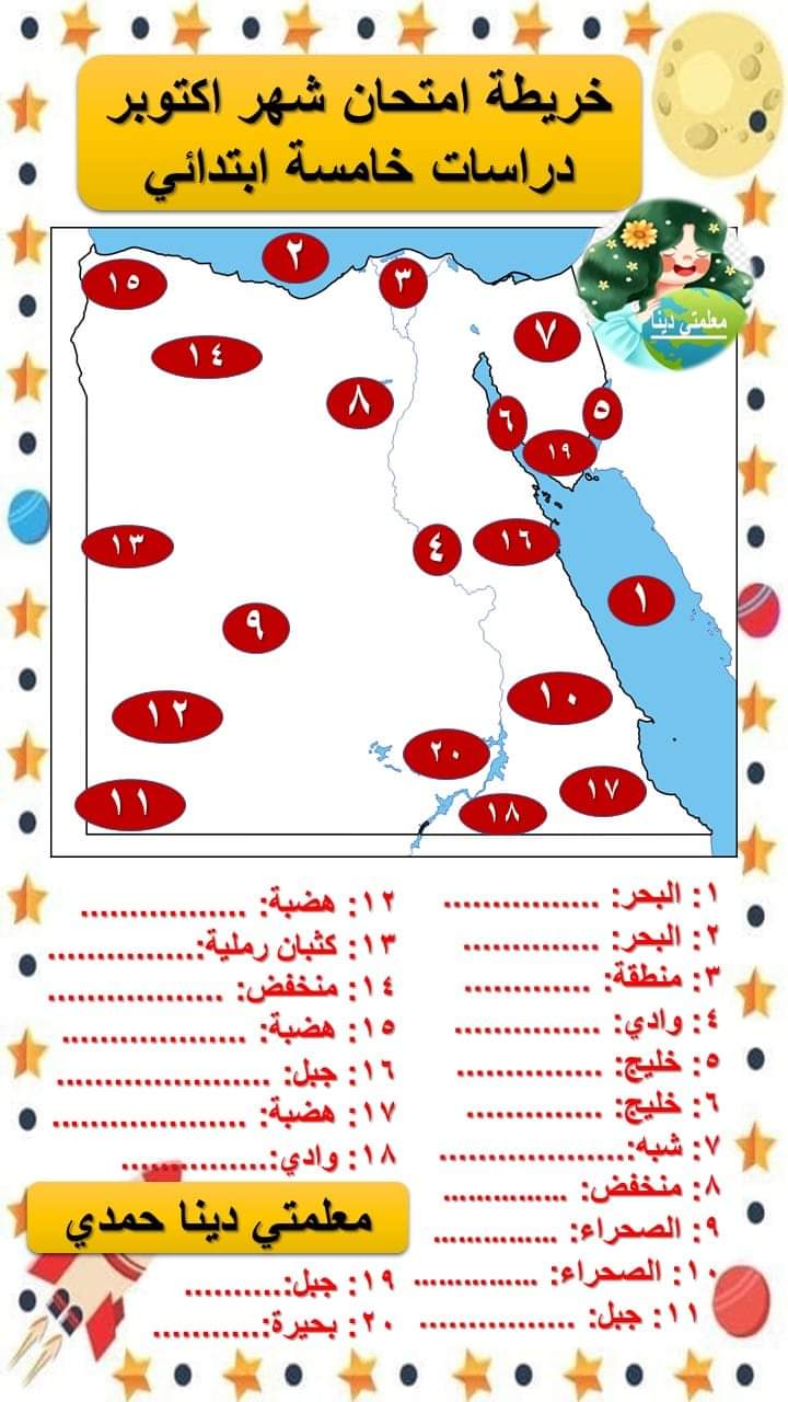 خريطة امتحان اكتوبر دراسات اجتماعية خامسة ابتدائي مع نسخة مجابة