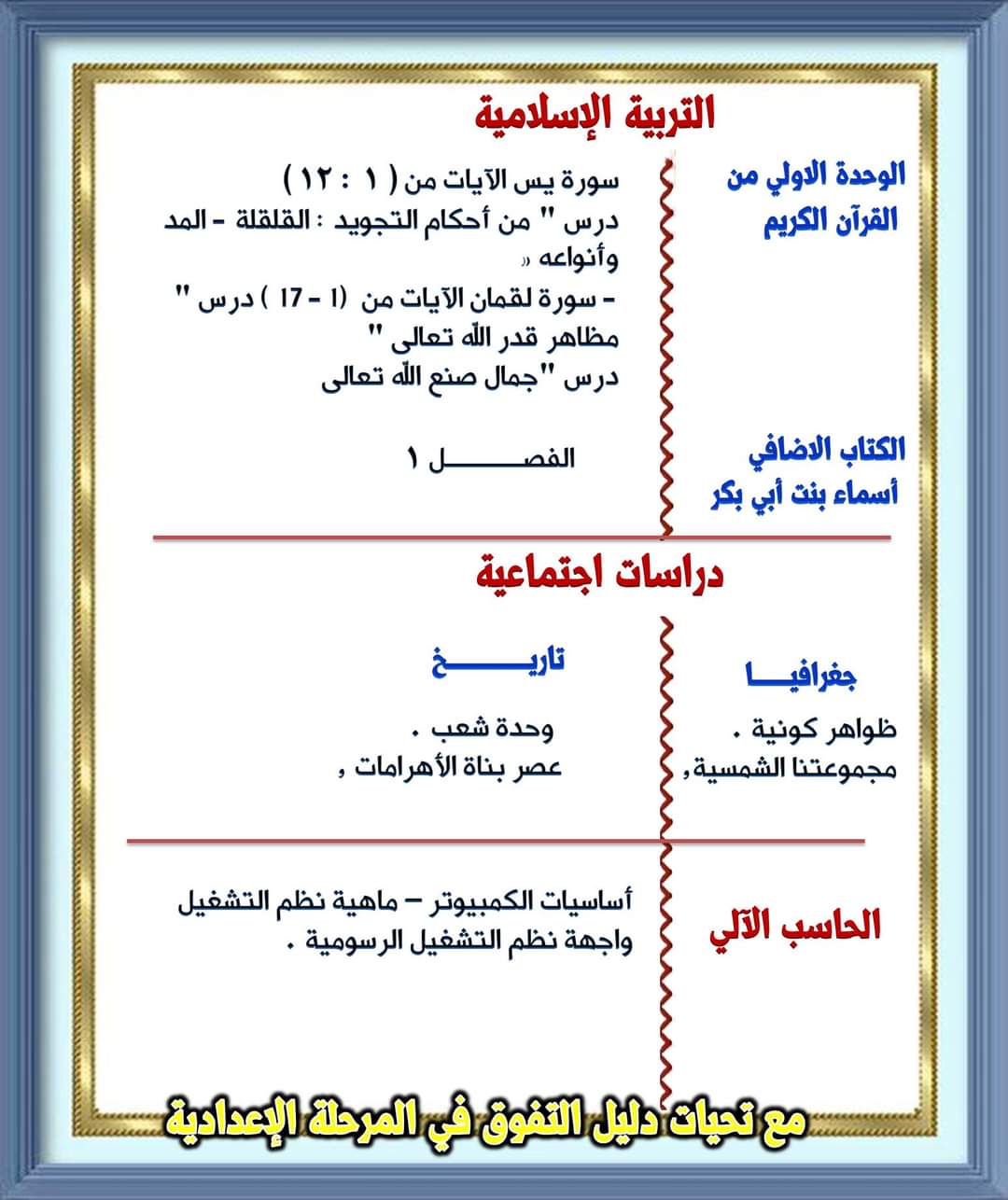 توزيع مناهج شهر أكتوبر للصف الاول الإعدادي