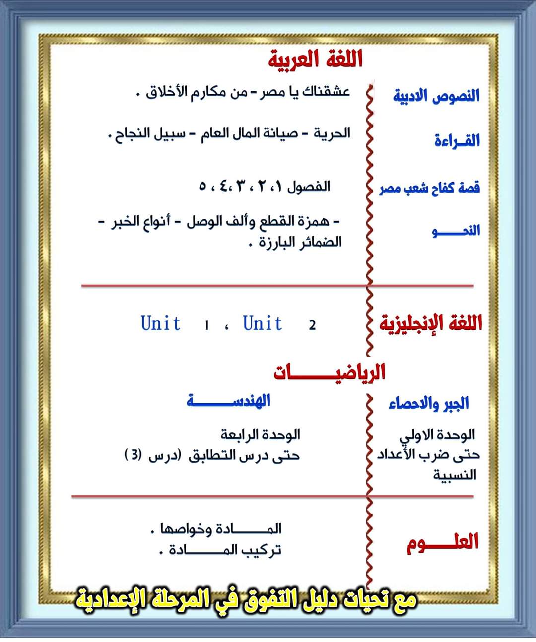 توزيع مناهج شهر أكتوبر للصف الاول الإعدادي