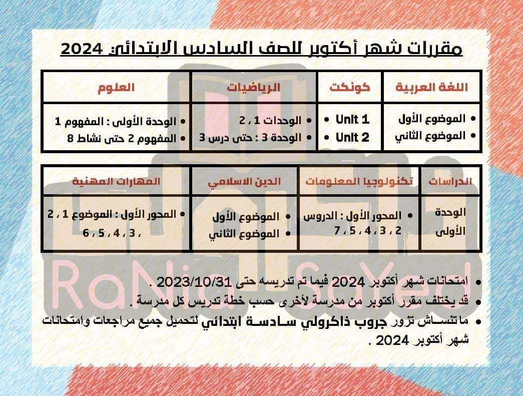 توزيع مقرر اختبارات اكتوبر لكل مواد الصف السادس الابتدائي 2024