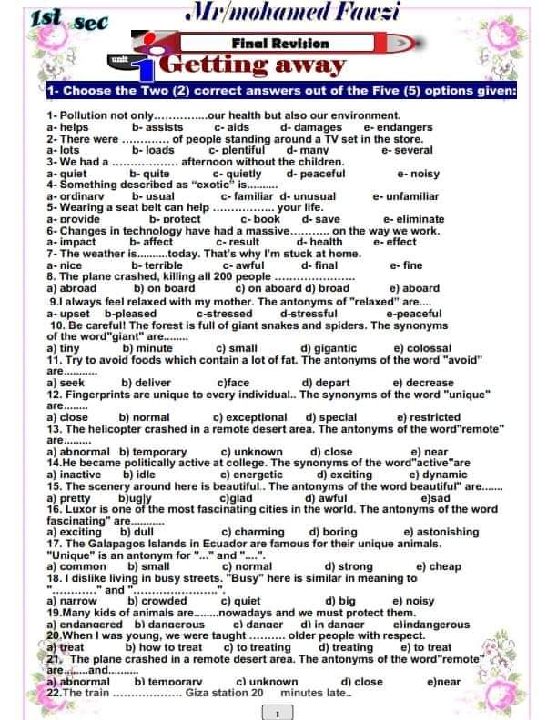 مراجعة نهائية لغة انجليزية للصف الأول الثانوي الترم الاول مراجعة نهائية لغة انجليزية للصف الأول الثانوي الترم الاول