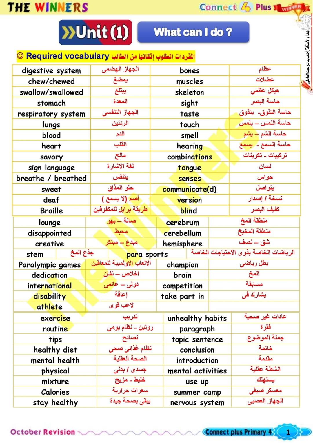 مراجعة شهر اكتوبر كونكت بلس رابعة ابتدائي لغات