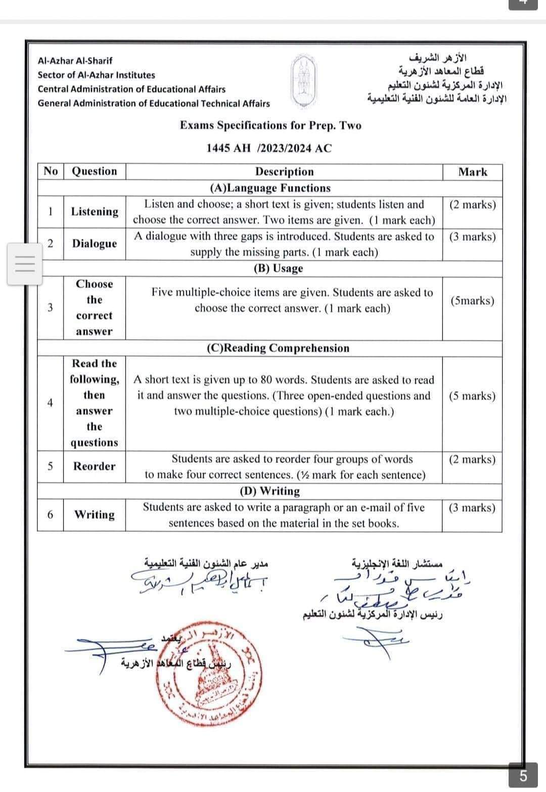 مواصفات امتحان اللغة الانجليزية لصفوف المرحلة الاعدادية الأزهرية 2023 - 2024