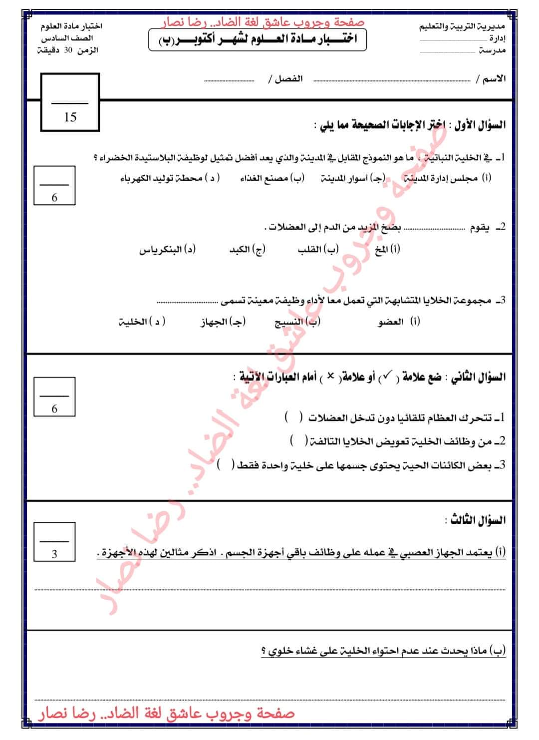 تحميل امتحانات شهر اكتوبر الصف السادس الابتدائي