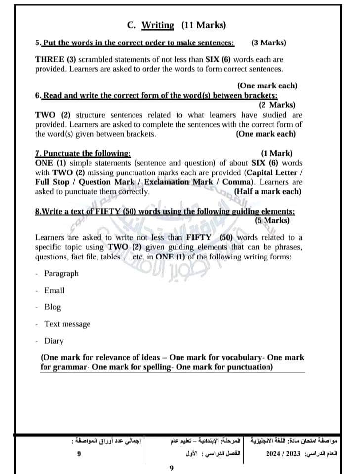 مواصفات امتحان اللغة الانجليزية الصف السادس الابتدائي ٢٠٢٤