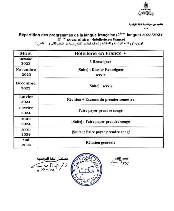 توزيع منهج اللغة الفرنسية بالتعليم التجارى و الفندقى لعام ٢٠٢٣ / ٢٠٢٤