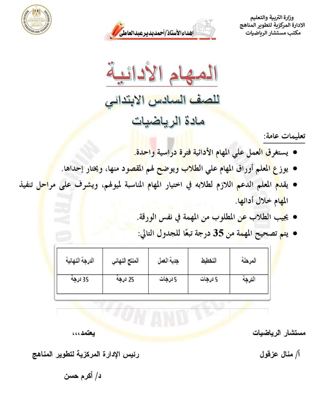 المهام الادائية الرسمية رياضيات للصفوف الرابع والخامس والسادس الابتدائي الترم الاول مع الاجابات