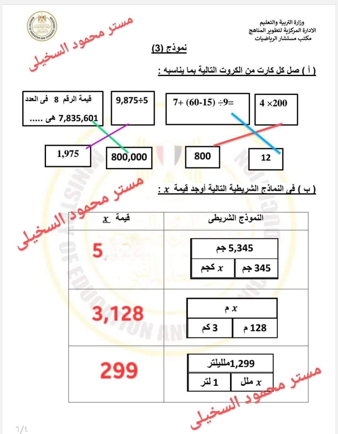 حل المهام الادائية الرسمية رياضيات الصف الرابع الابتدائي الترم الاول ٢٠٢٤