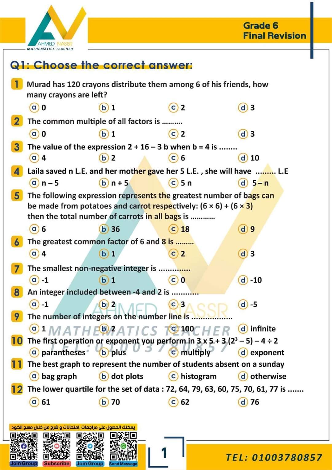 مذكرة المراجعة النهائية ماث math الصف السادس الابتدائي الترم الاول مذكرة المراجعة النهائية ماث math الصف السادس الابتدائي الترم الاول