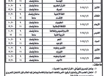 جدول امتحانات الصفين الاول والثاني الثانوي الأزهري علمي وادبي الترم الاول ٢٠٢٤